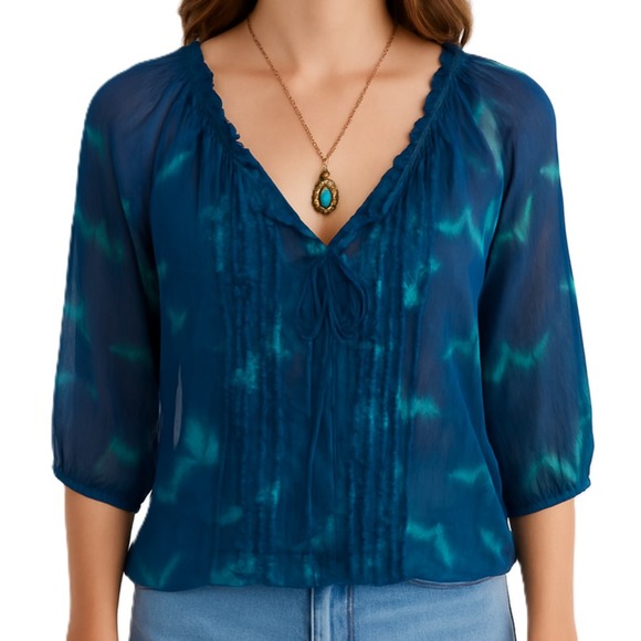 Express Womens M Blue Green Boho Sheer Blouse 3/4 Sleeve V-Neck Lightweight Top - Picture 1 of 14